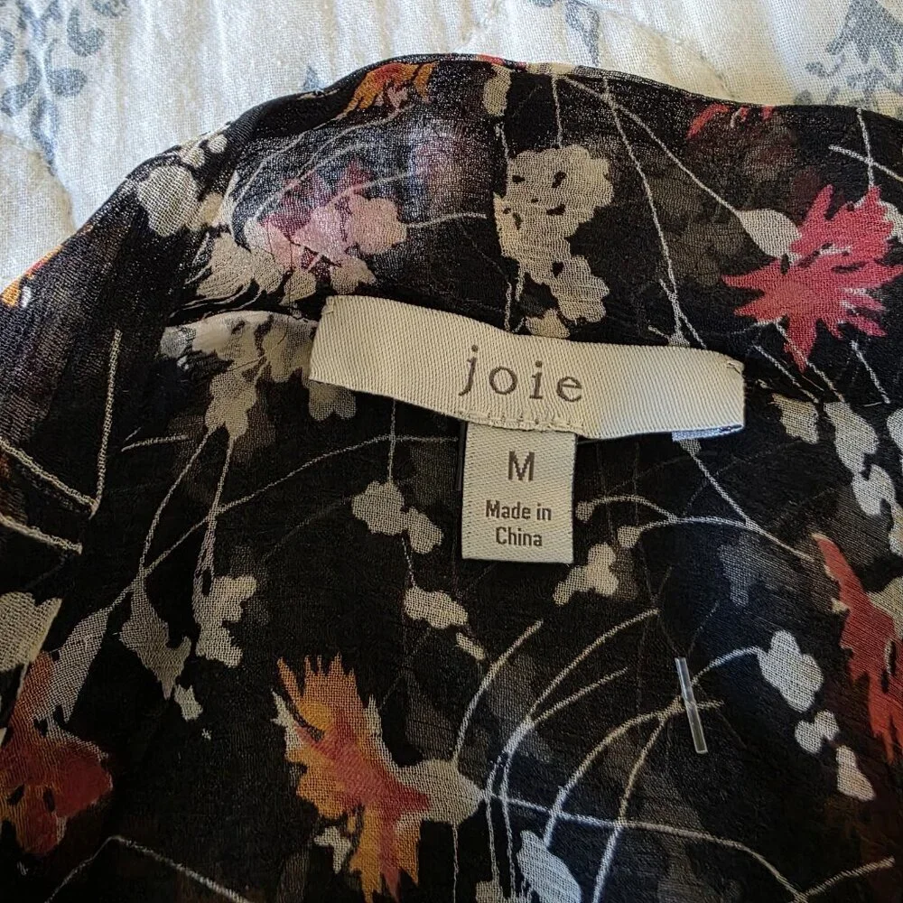 Joie Black Pink Silk Sheer Floral Ruffle Tie Neck Blouse Size M Boho Romantic - Picture 6 of 14